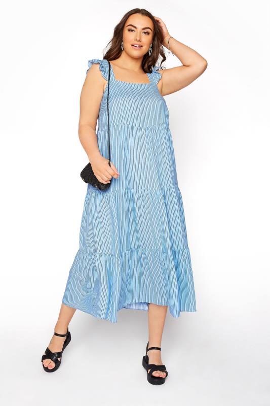 Großen Größen  YOURS LONDON Curve Blue Stripe Frill Tiered Maxi Dress
