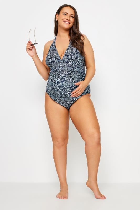 BUMP IT UP MATERNITY Plus Size Blue Halter Neck Swimsuit Yours Clothing