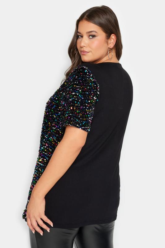 YOURS LONDON Plus Size Black Rainbow Sequin Embellished T-Shirt | Yours Clothing 3