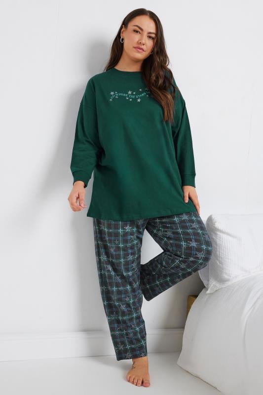 YOURS Plus Size Green Star Print Wide Leg Pyjama Set | Yours Clothing 2