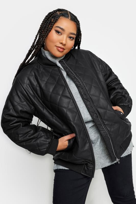 YOURS Plus Size Curve Black Quilted Faux Leather Bomber Jacket | Yours Clothing  3