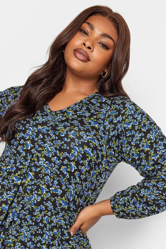 Plus Size Blue Long Sleeve Floral Print Swing Top | Yours Clothing 4