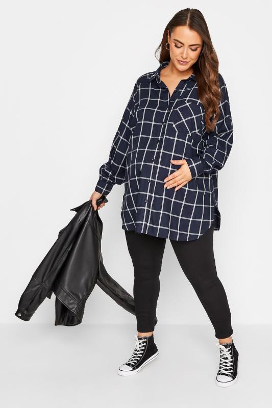 BUMP IT UP MATERNITY Plus Size Navy Blue Check Long Sleeve Shirt | Yours Clothing 2