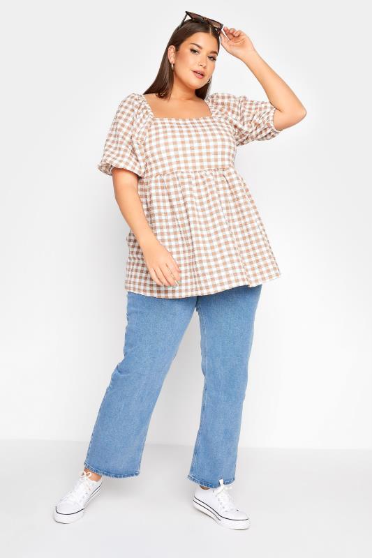 LIMITED COLLECTION Curve White & Brown Gingham Square Neck Smock Top 2