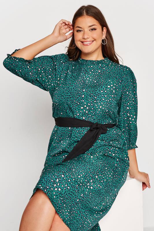 YOURS LONDON Plus Size Green Animal Print Ruffle Neck Dress | Yours Clothing 4