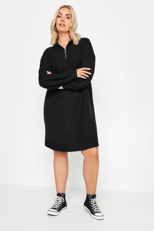 YOURS Plus Size Black Ribbed Quarter Zip Jumper Dress | Yours Clothing 1