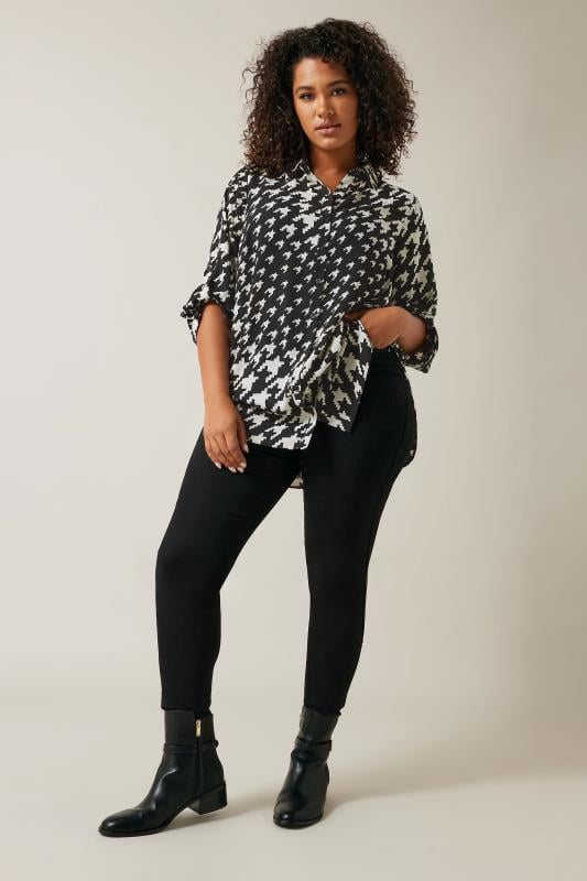 EVANS Plus Size Black Dogtooth Print Tab Sleeve Shirt | Evans 2