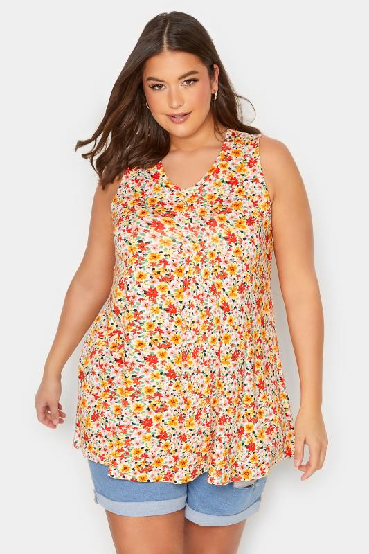YOURS Curve Plus Size Orange Floral Swing Top | Yours Clothing  1