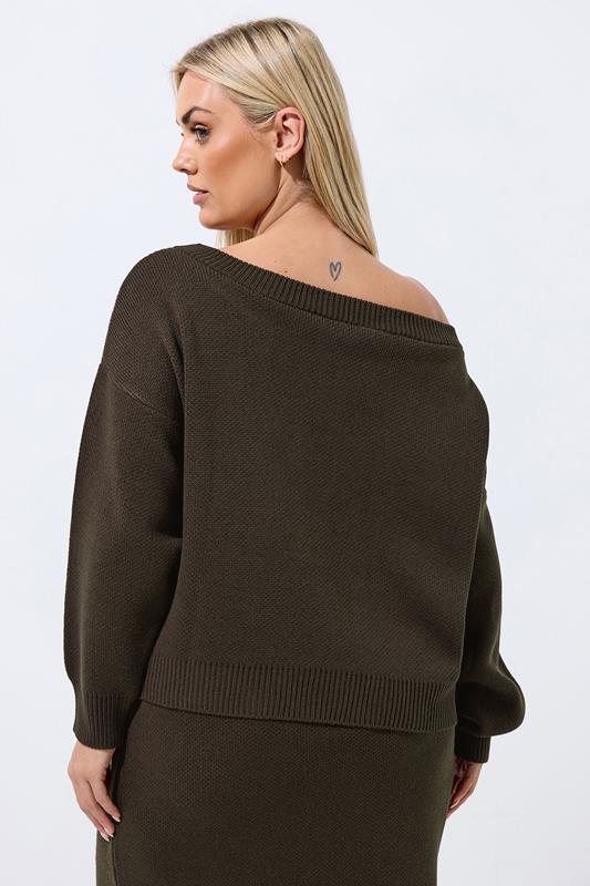 LIMITED COLLECTION Plus Size Chocolate Brown Knitted Off Shoulder Jumper | Yours Clothing 2