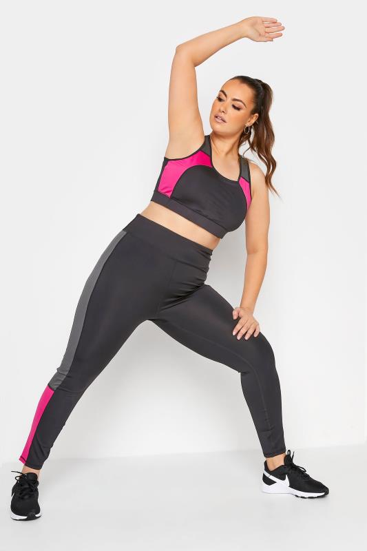Plus Size ACTIVE Black & Pink Colour Block High Waisted Leggings | Yours Clothing  3
