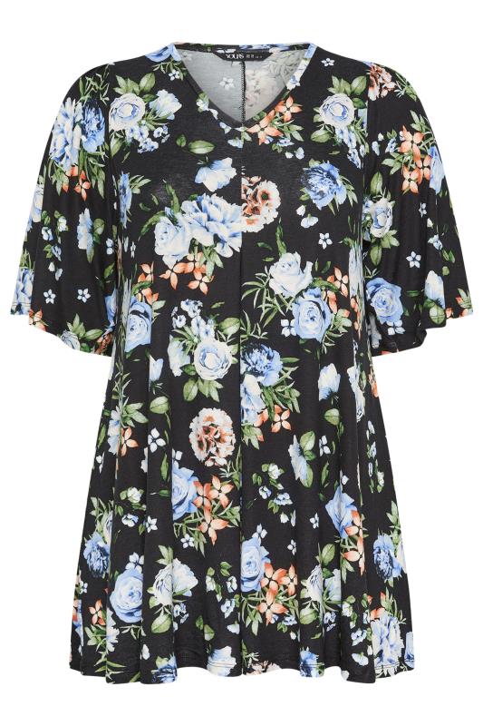 YOURS Plus Size Black & Blue Floral Print Pleated Swing Top | Yours Clothing 5