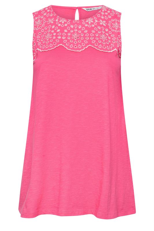 YOURS Plus Size Pink Broderie Anglaise Detail Vest Top | Yours Clothing 5