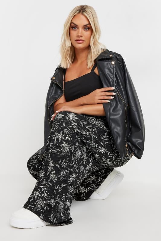 YOURS Plus Size Black Floral Print Elasticated Wide Leg Trousers | Yours Clothing 3