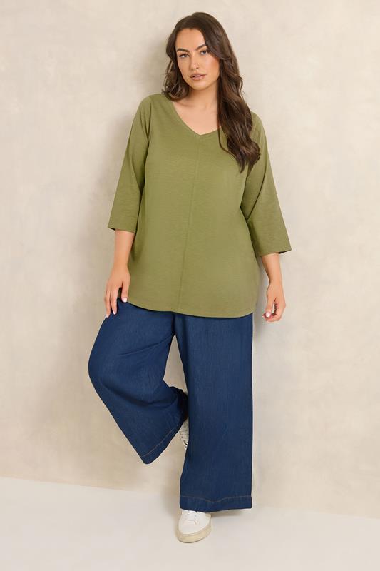 EVANS Plus Size Moss Green V-Neck Cotton Top | Evans 1