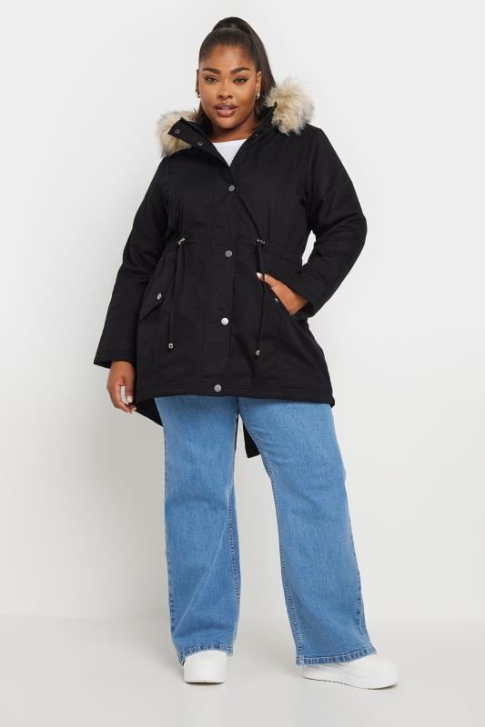 YOURS PETITE Plus Size Black Faux Fur Trim Parka Jacket Yours Clothing