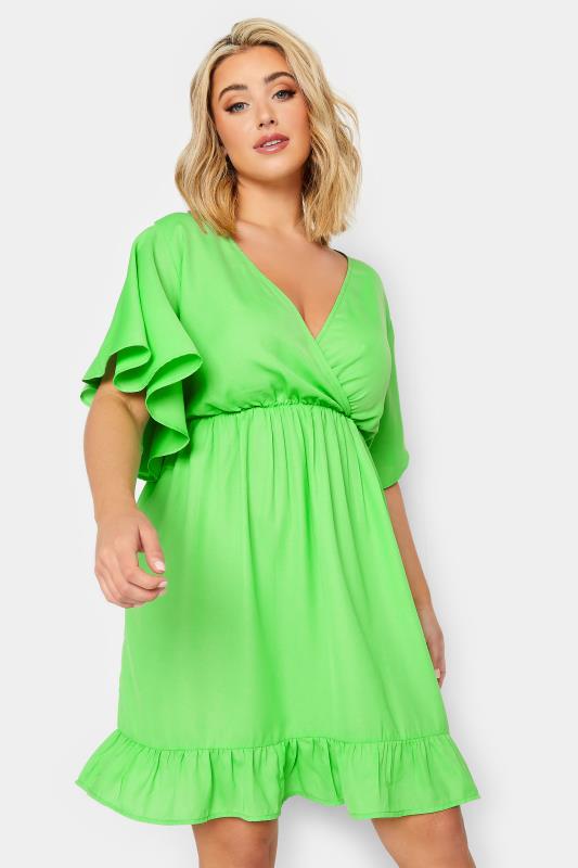 LIMITED COLLECTION Plus Size Green Frill Sleeve Wrap Tunic Dress | Yours Clothing 1