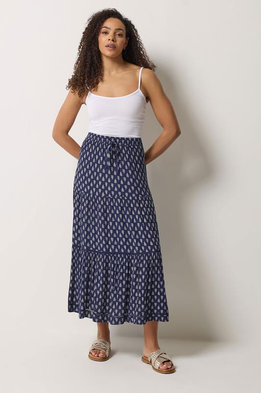 M&Co Navy Blue Aztec Print Tiered Maxi Skirt | M&Co 1