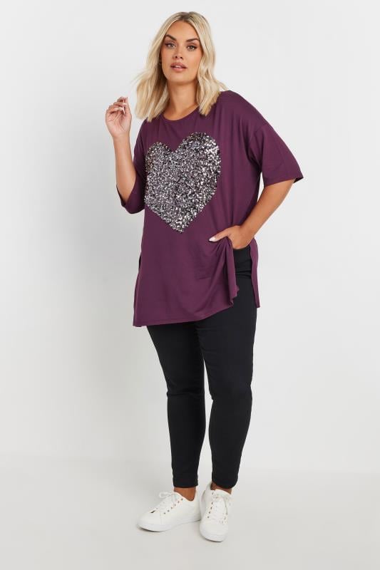 YOURS Plus Size Purple Heart Sequin Embellished T-Shirt | Yours Clothing  2