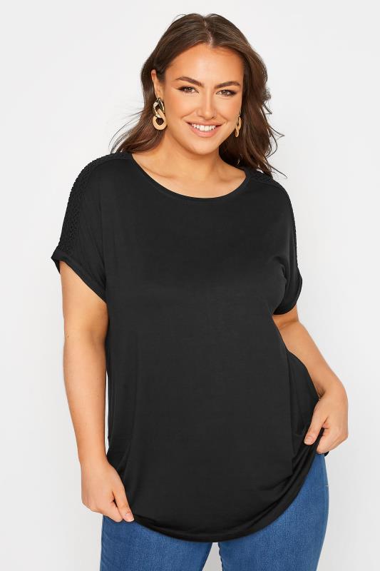 Plus Size Black Crochet Shoulder T-Shirt | Yours Clothing 1