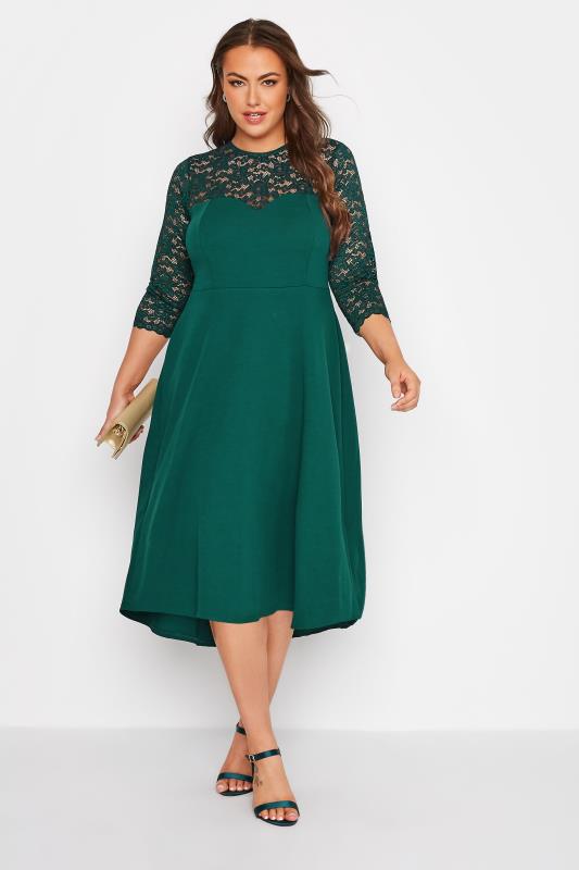 YOURS LONDON Plus Size Emerald Green Lace Sweetheart Midi Dress | Yours Clothing 1