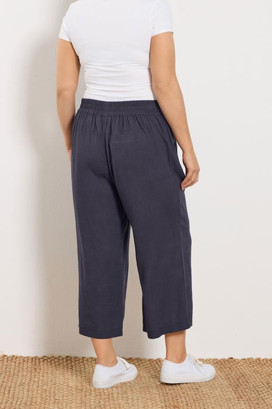 YOURS Plus Size Navy Blue Linen Cropped Wide Leg Trousers | Yours Clothing 2