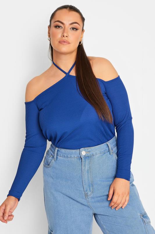 LIMITED COLLECTION Plus Size Blue Tie Neck Cold Shoulder Top | Yours Clothing 1