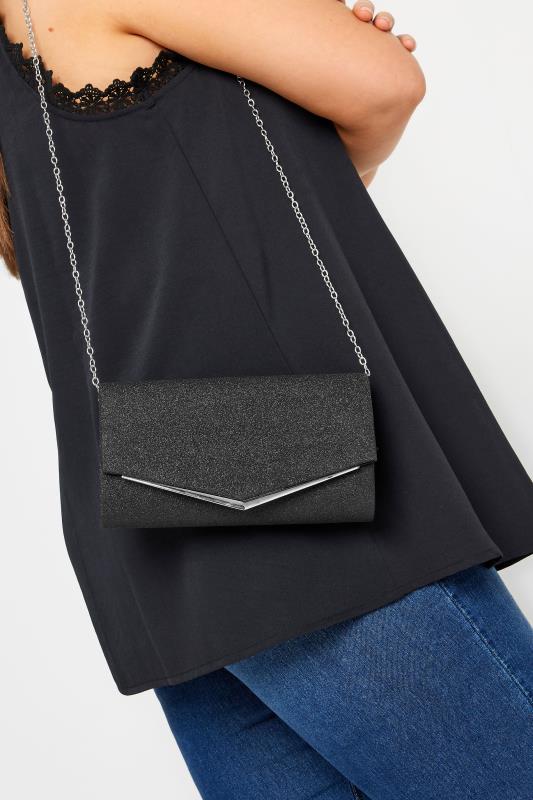  Grande Taille Black Glitter Silver Tone Clutch Bag