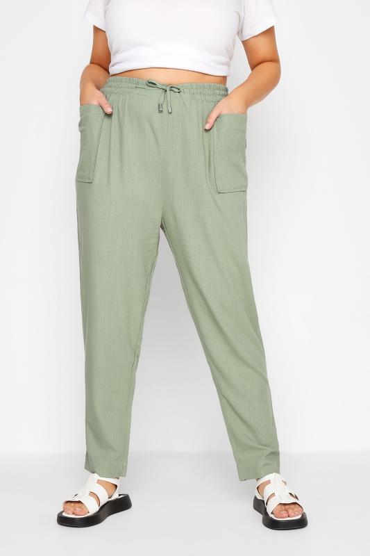 Plus Size Khaki Green Linen Blend Joggers | Yours Clothing  1