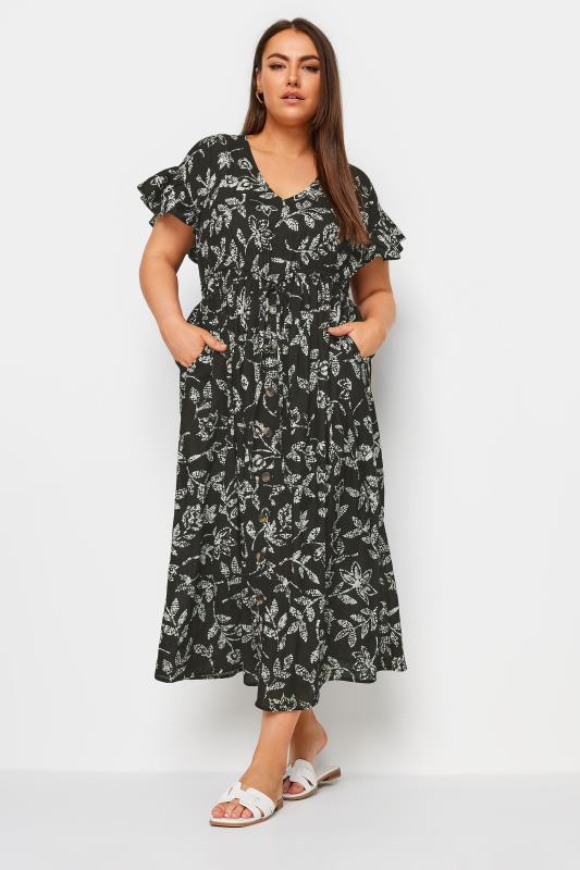 YOURS Plus Size Black Dotted Leaf Print Linen Maxi Dress | Yours Clothing 2
