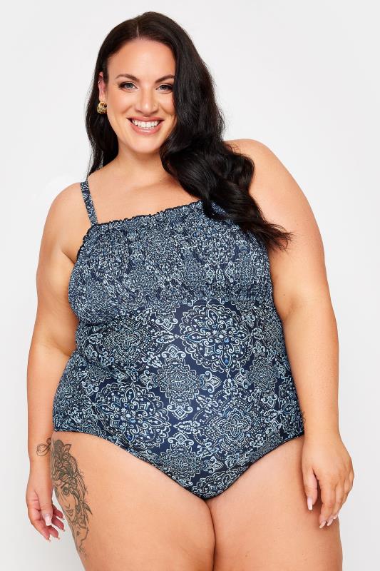 YOURS Plus Size Blue Aztec Print Shirred Tummy Control Swimsuit | Yours Clothing 1