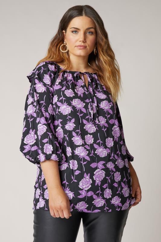 Plus Size  THE LIMITED EDIT Purple Rose Print Puff Sleeve Blouse