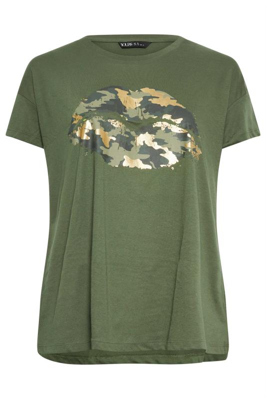 YOURS Curve Green Camo Lips Print T-Shirt | Yours Clothing 5