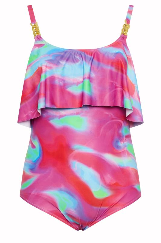 YOURS CurvePink Swirl Print Frill Chain Tummy Control Swimsuit | Yours Clothing 8