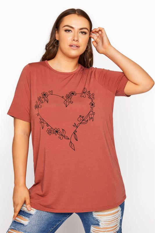 Großen Größen  Rust Heart Print T-Shirt