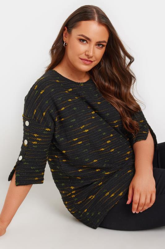 YOURS Plus Size Black & Yellow Textured Button Sleeve Top | Yours Clothing