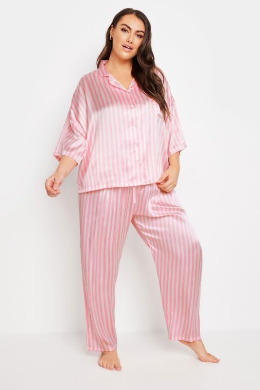 YOURS Plus Size Pink Stripe Satin Pyjama Set | Yours Clothing 3