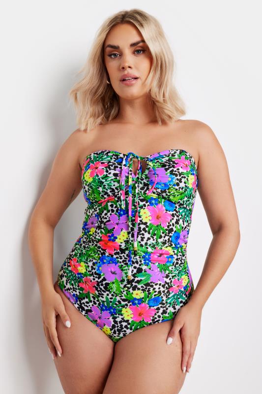 YOURS Plus Size White Floral Dalmatian Print Halter Neck Swimsuit | Yours Clothing 5
