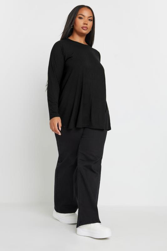 YOURS Plus Size Black Long Sleeve Ribbed Swing Top | Yours Clothing 3