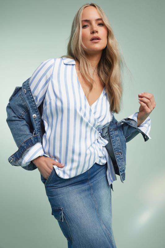  Grande Taille LTS Tall Blue & White Stripe Collared Wrap Top