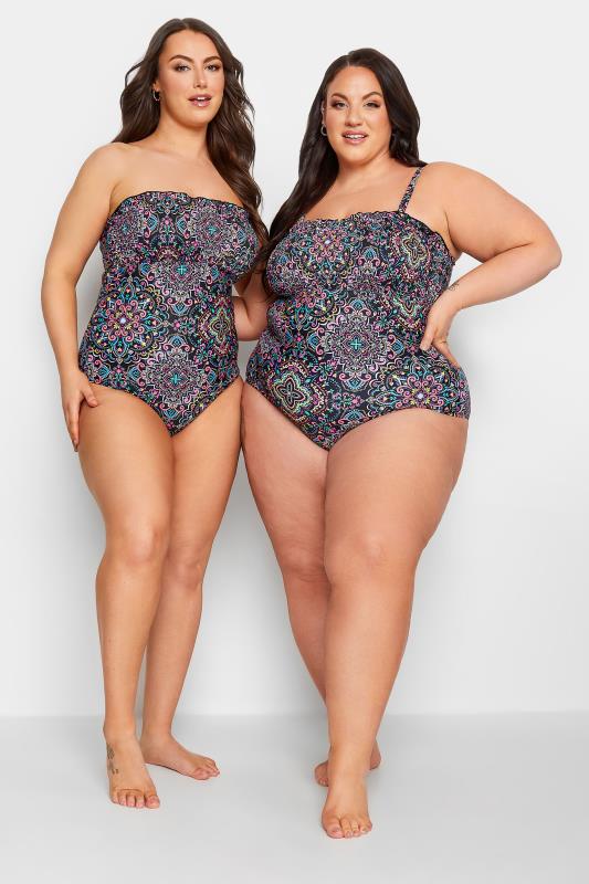 YOURS Plus Size Curve Black Aztec Print Shirred Tummy Control Swimsuit | Yours Clothing  6