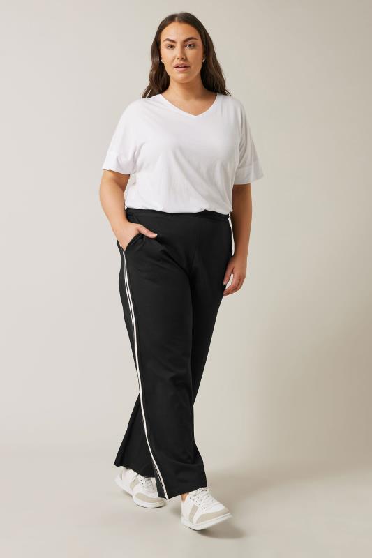 EVANS Curve Black & White Side Stripe Wide Leg Trousers | Evans 2