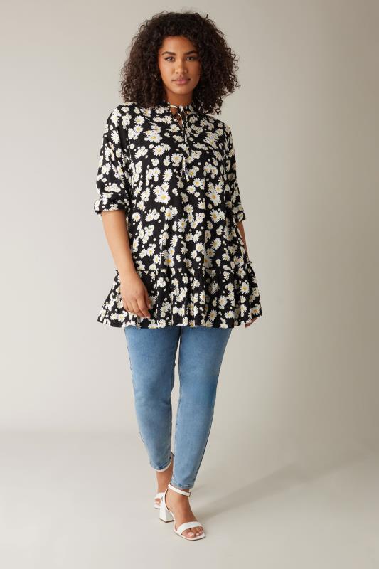 EVANS Plus Size Black Daisy Print Frill Hem Tunic Top | Evans 2