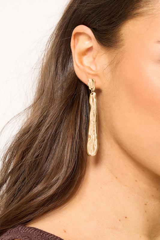 Gold Tone Long Molten Drop Earrings | Yours Clothing 2