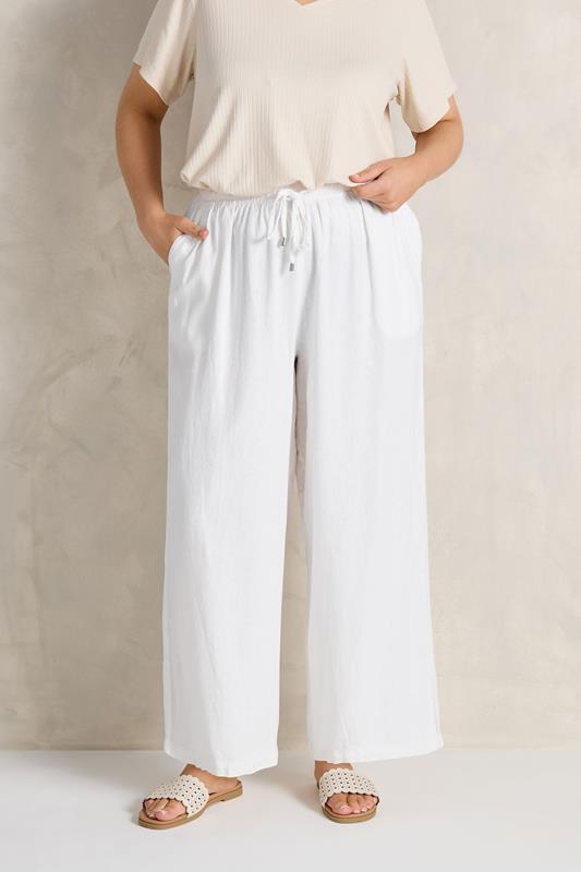 EVANS Plus Size White Wide Leg Premium Linen Trousers | Evans 1