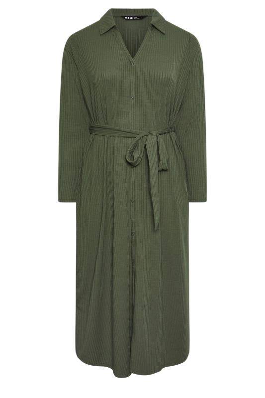 YOURS Plus Size Khaki Green Button Front Ribbed Tie Waist Midi Dress | Yours Clothing 5