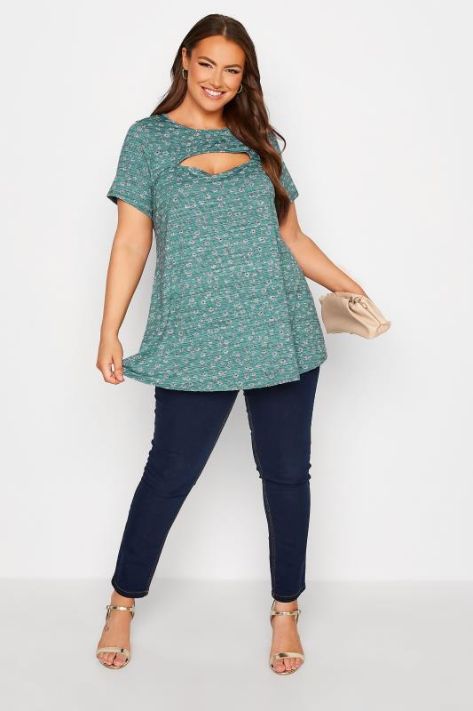Plus Size Green Floral Stripe Print Cut Out Top | Yours Clothing  2