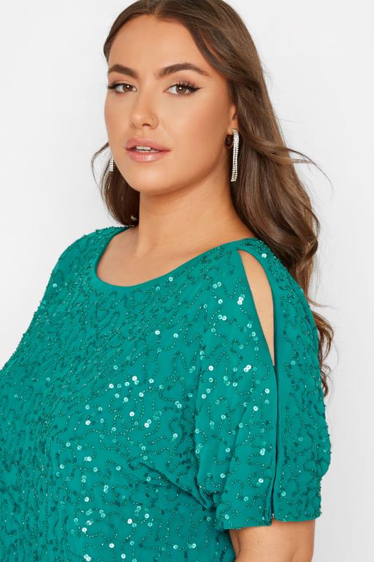 LUXE Curve Teal Blue Sequin Hand Embellished Cape Dress 5