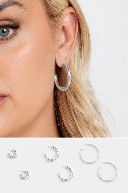 3 PACK Silver Tone Classic Hoop Earrings | Yours Clothing  1