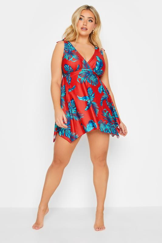 YOURS Plus Size Curve Red Palm Leaf Plunge Tummy Control Swim Dress | Yours Clothing  2