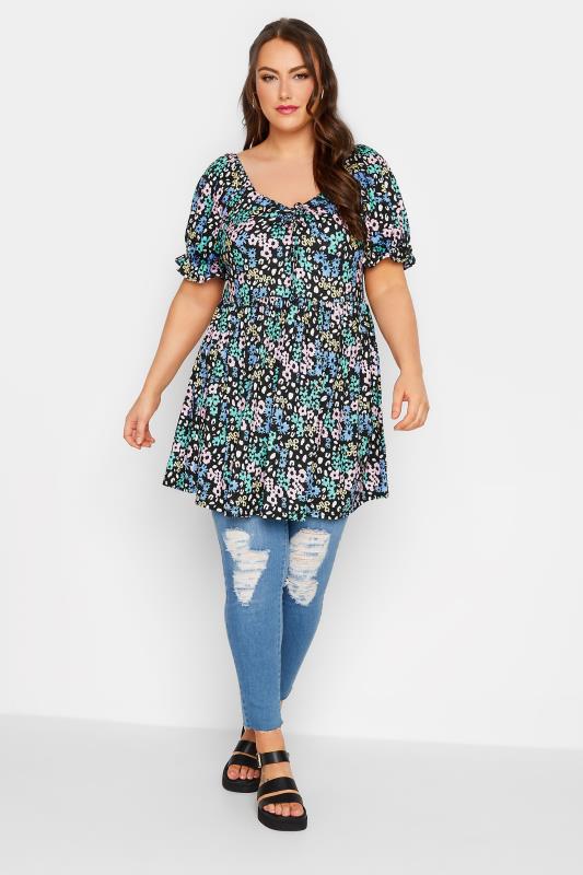 LIMITED COLLECTION Plus Size Black Ditsy Print Puff Sleeve Top | Yours Clothing 2